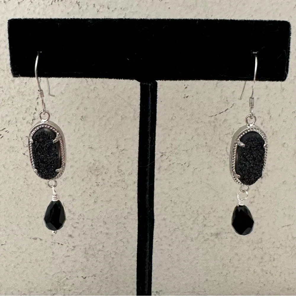 925 Sterling Silver Black Druzy Gemstone and Crystal Drop Earrings NEW